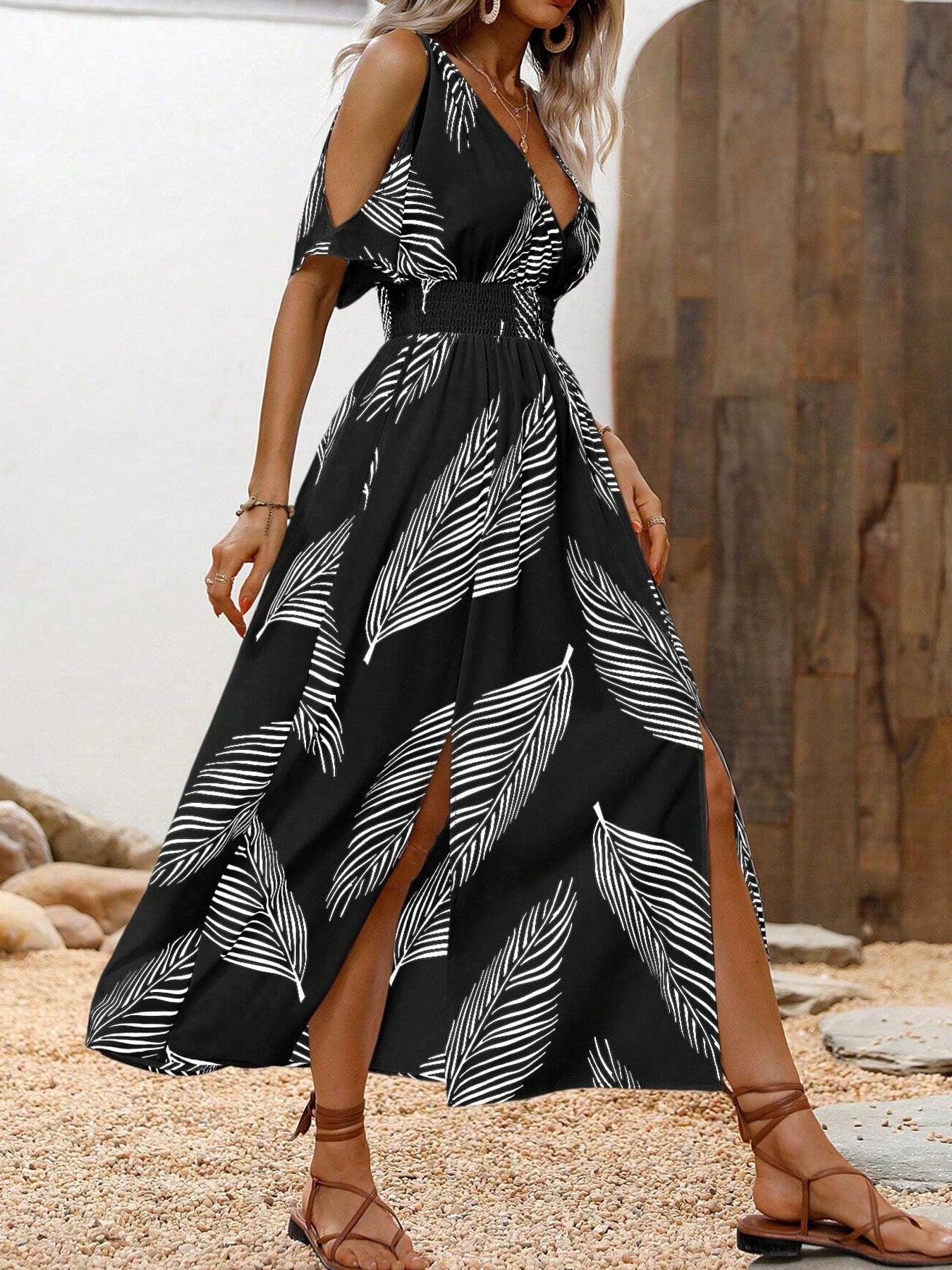 Women Summer Sexy Cross V-Neck Printed Off-The-Shoulder Dress