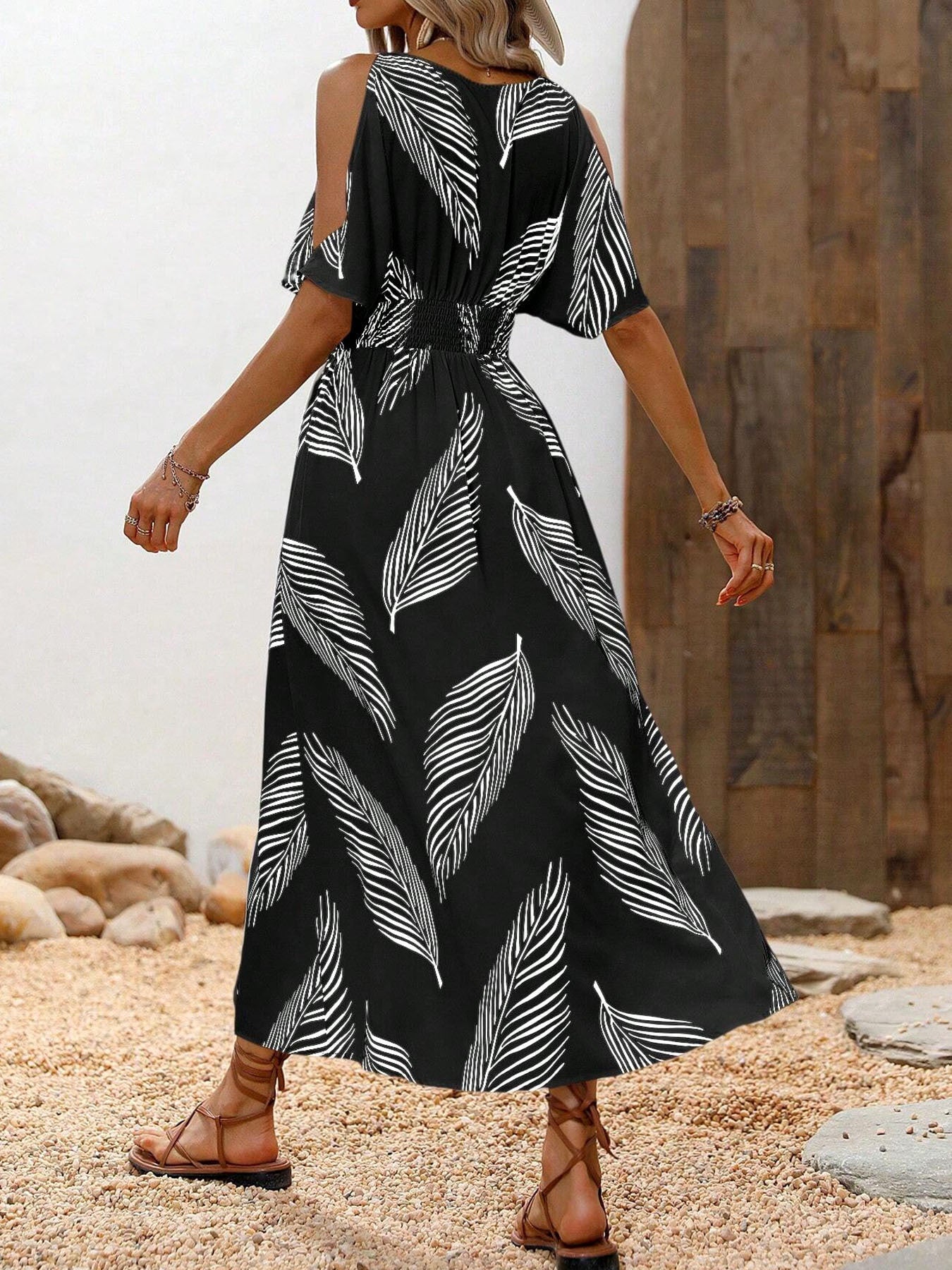 Women Summer Sexy Cross V-Neck Printed Off-The-Shoulder Dress